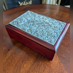 Vintage Wooden Rose Design Pewter Inlay Trinket Jewelry Box Felt Lined 7x5x3